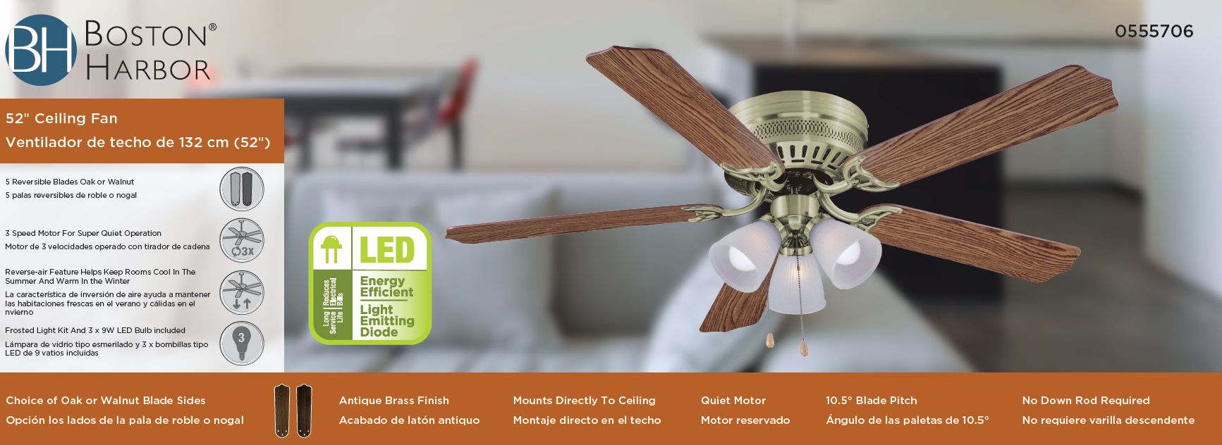 52-Inch Antique Brass Indoor LED 5-Blade Ceiling Fan