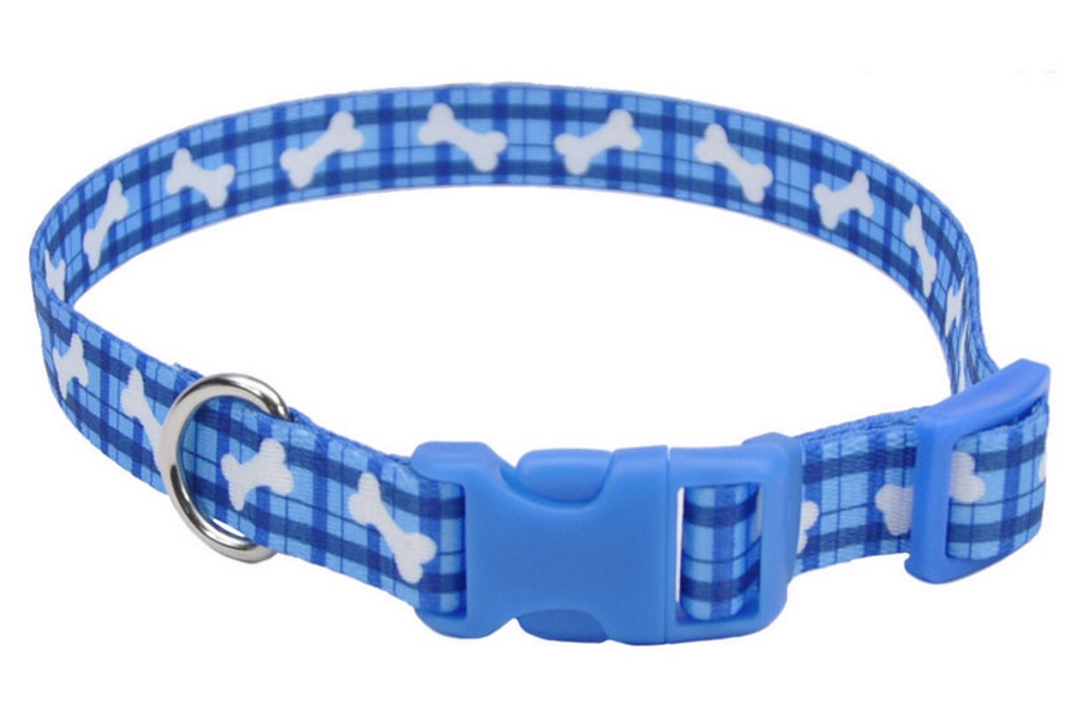10-14-Inch Adjustable Dog Collar, Plaid Bones