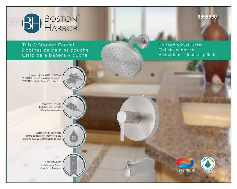 Brushed Nickel 1-Handle Tub & Shower Trim Kit - 1-Function Showerhead, 1.75 GPM, Pressure Balance VERSITECH® Valve Included 1 Brushed Nickel 1-Handle Tub & Shower Trim Kit - 1-Function Showerhead, 1.75 GPM, Pressure Balance VERSITECH® Valve Included