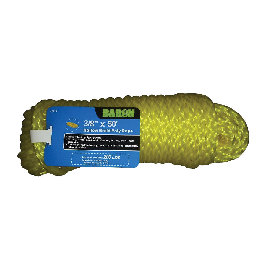 3/8-Inch X 50-Foot Yellow Hollow Braided Polypropylene Rope