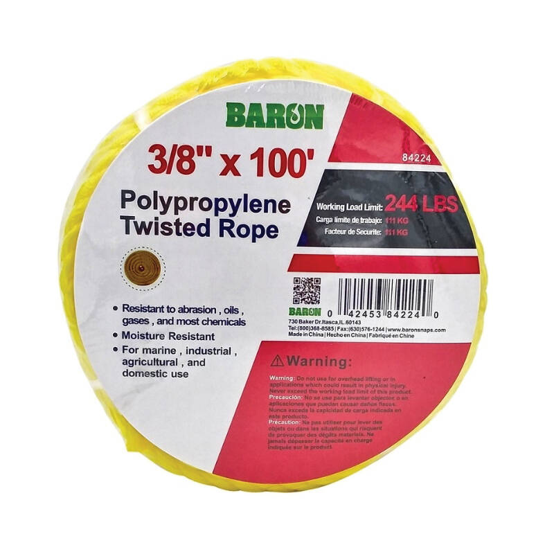 3/8-Inch X 100-Foot Yellow Twisted Polypropylene Rope