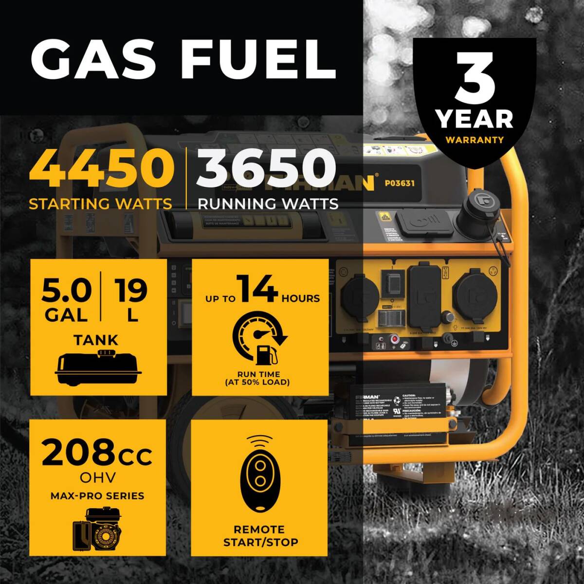 Gas Portable Generator, 3650-Running Watts