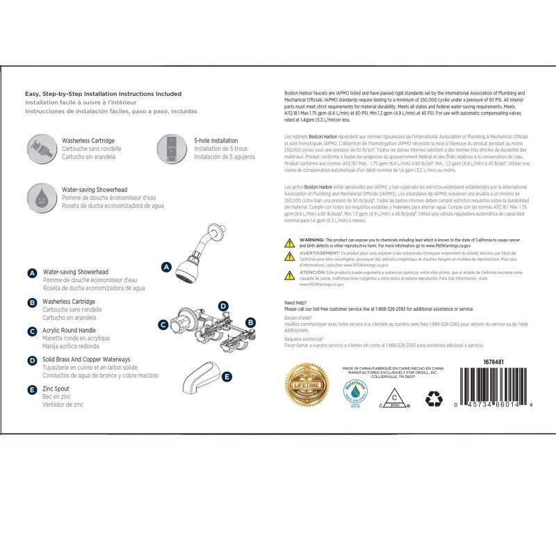 Chrome 3-Handle Tub & Shower Trim Kit - 1-Function Showerhead, 1.75 GPM