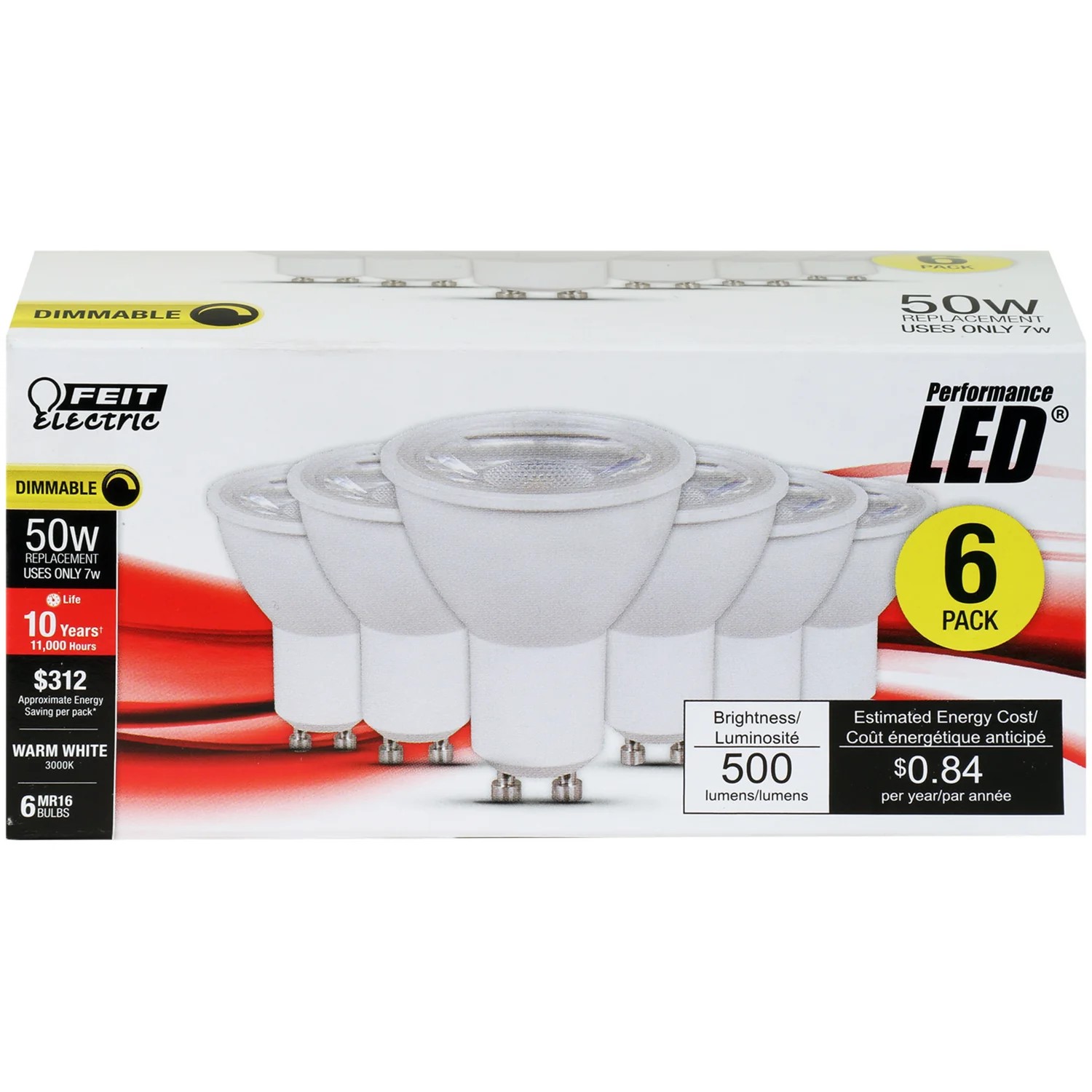 Performance LED® 50-Watt Equivalent MR16 GU10 Twist & Lock Warm White Dimmable Reflector LED Light Bulb, 6-Pack