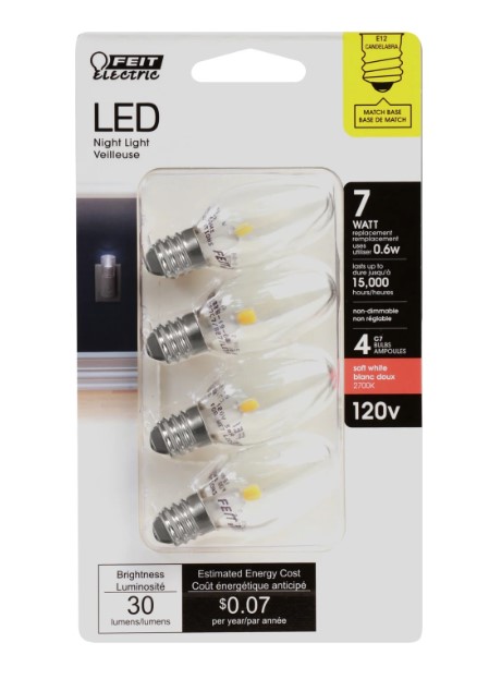 Led Night Light Bulb, 7-Watt Equiv., Clear, C7 Shape, Candelabra Base, Non-Dimmable, 2700K (4-Pack)
