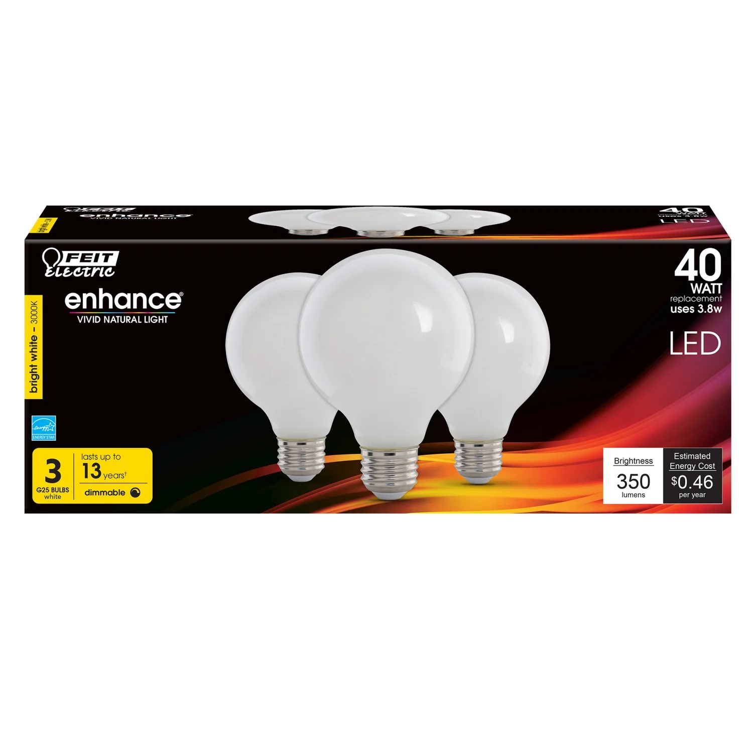 Enhance® Filament 40-Watt Equivalent G25 E26-Medium Bright White Dimmable LED Light Bulb, 3-Pack 1 Enhance® Filament 40-Watt Equivalent G25 E26-Medium Bright White Dimmable LED Light Bulb, 3-Pack