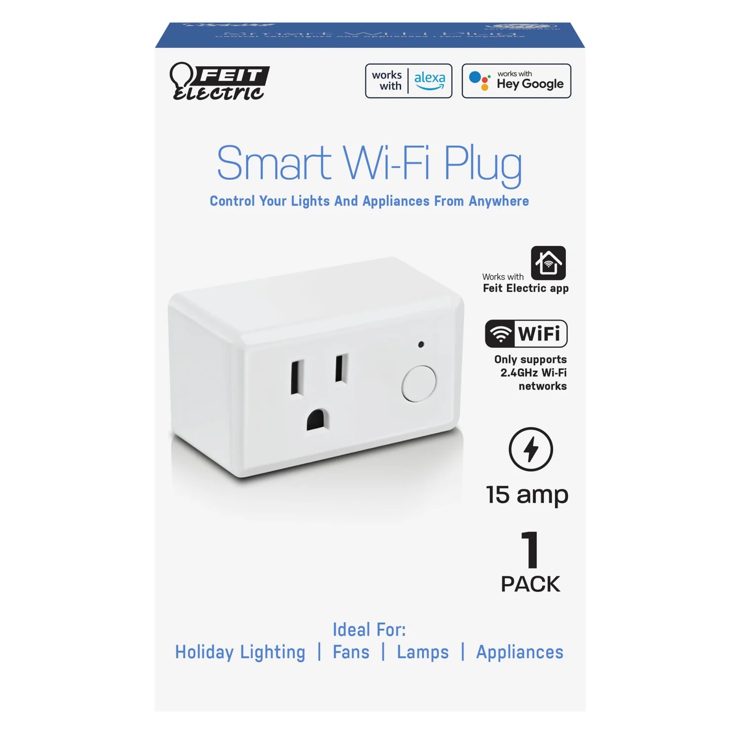 Smart Wi-Fi Wall Plug, White Finish, 15 Amp, Works With Alexa, Google Asst. And Siri