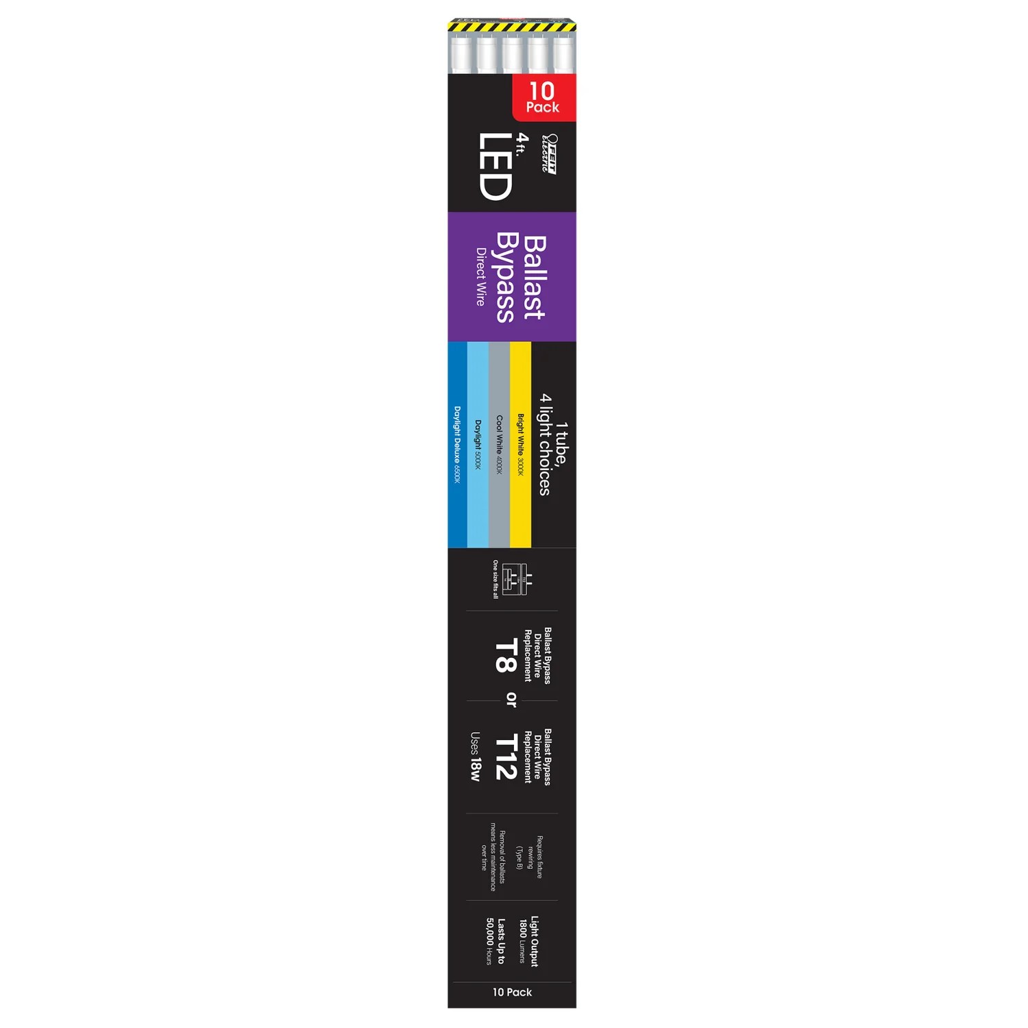 32-Watt Equivalent T8 G13-Bi Pin Selectable White Non-Dimmable LED Linear Light Tube, 10-Pack