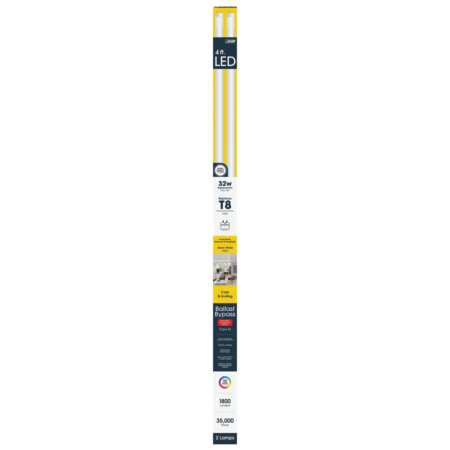 32-Watt Equivalent T8 Warm White Non-Dimmable LED Linear Light Tube, 2-Pack