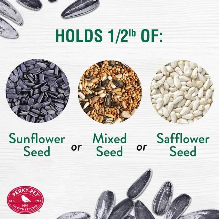 Perky-Pet 345 Small Bird Feeder, 0.5-Pound, Black-Oil Sunflower Seed, Mixed Seed, Sunflower Chips, Safflower Seed 5 Perky-Pet 345 Small Bird Feeder, 0.5-Pound, Black-Oil Sunflower Seed, Mixed Seed, Sunflower Chips, Safflower Seed