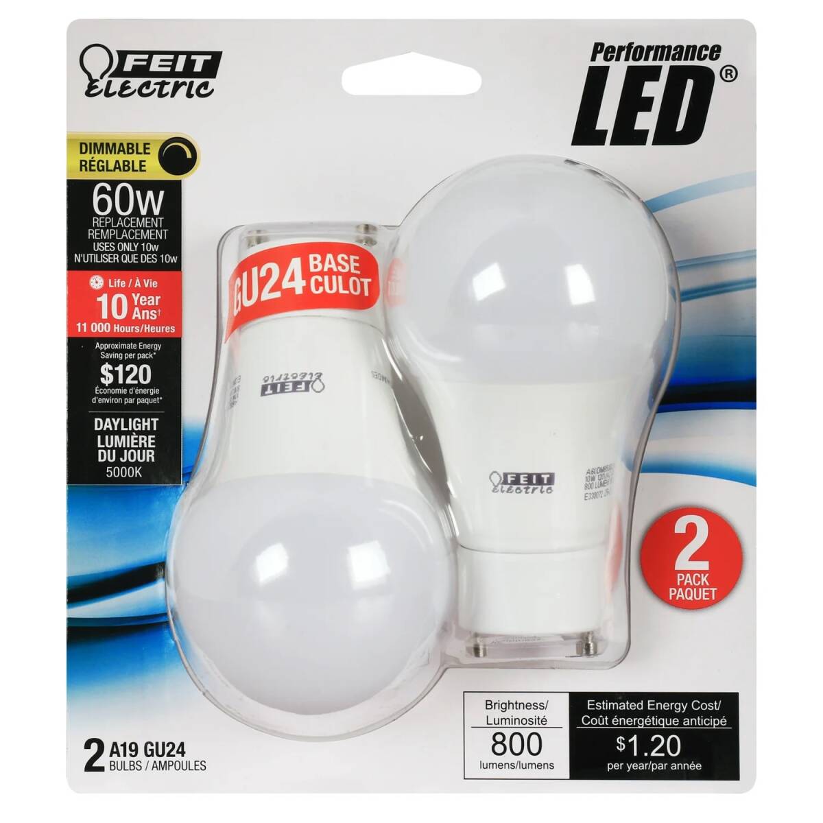 Performance LED® 60-Watt Equivalent A19 GU24 Twist & Lock Daylight Dimmable LED Light Bulb, 2-Pack
