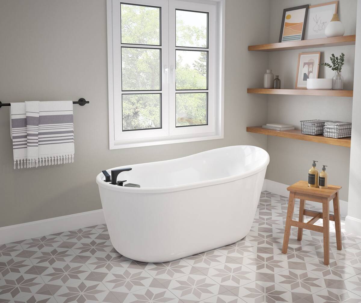 58-Inch X 32-Inch Davis White AcrylX Freestanding End Drain Bathtub With White Skirt 2 58-Inch X 32-Inch Davis White AcrylX Freestanding End Drain Bathtub With White Skirt