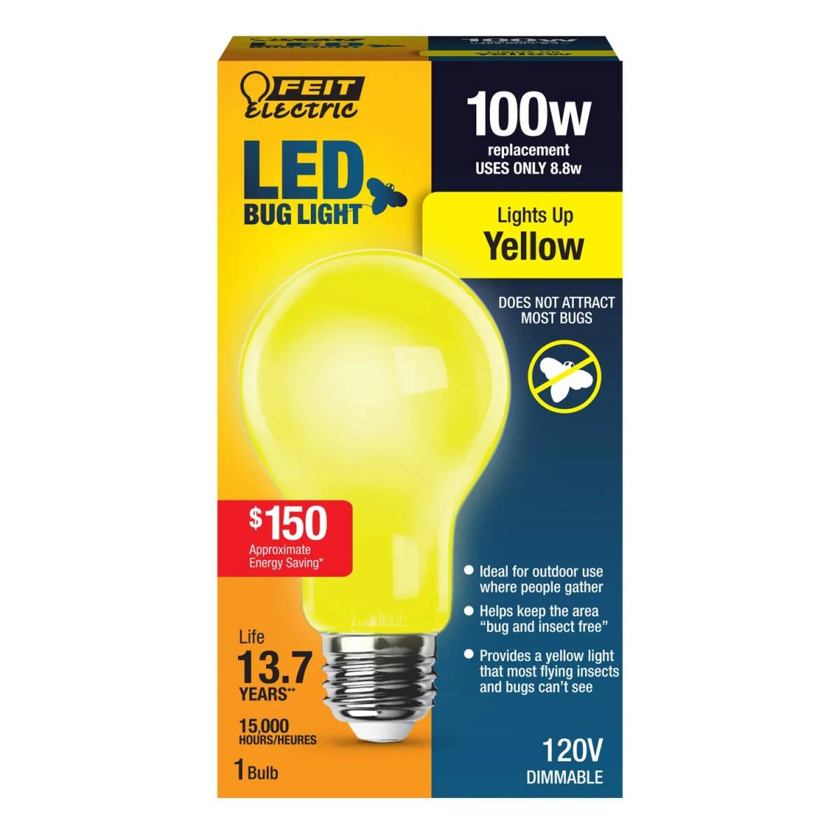 100-Watt Equivalent A19 E26-Medium Yellow Dimmable Bug LED Light Bulb, 1-Pack