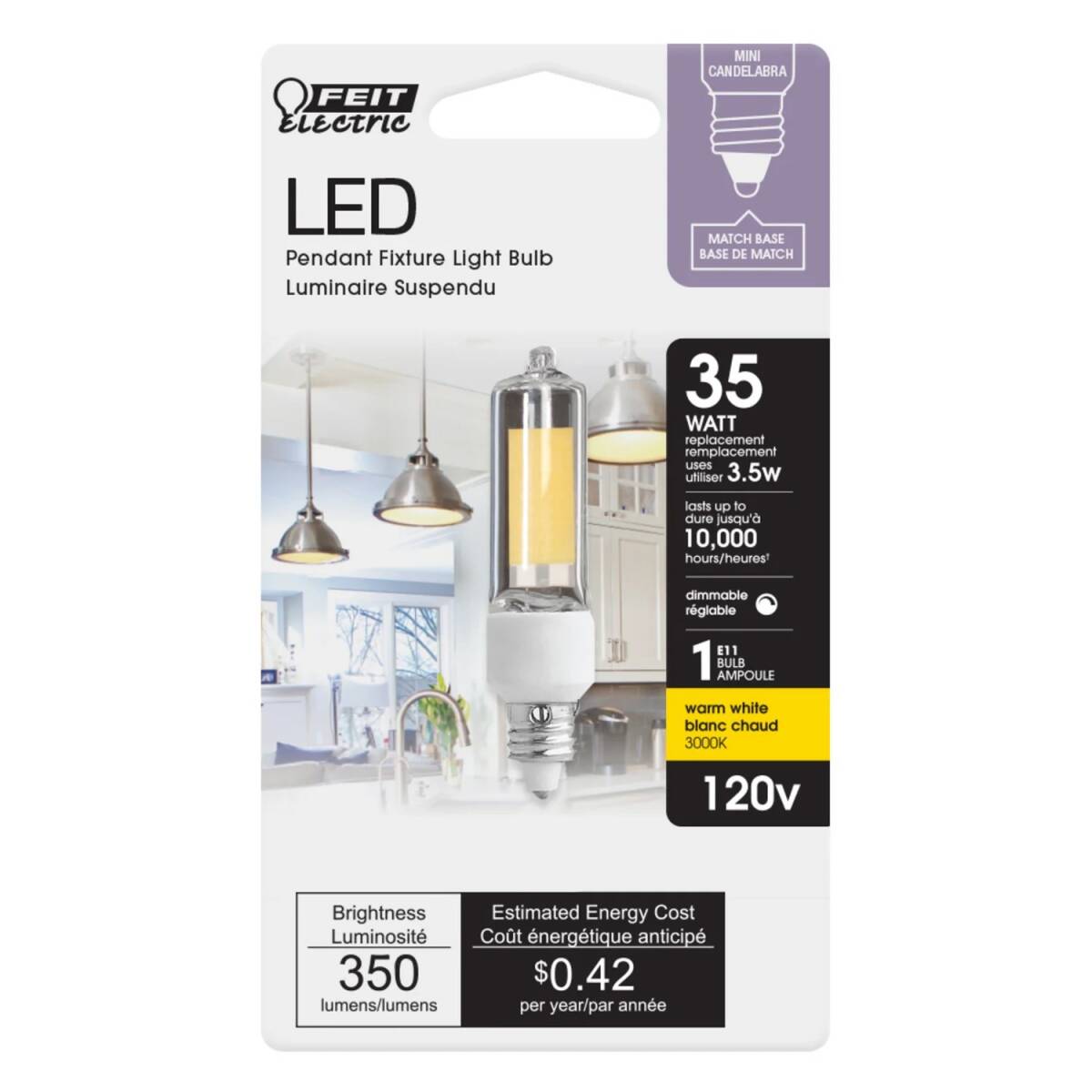 35-Watt Equivalent T4 E11-Miniature Candelabra Warm White Dimmable LED Light Bulb, 1-Pack