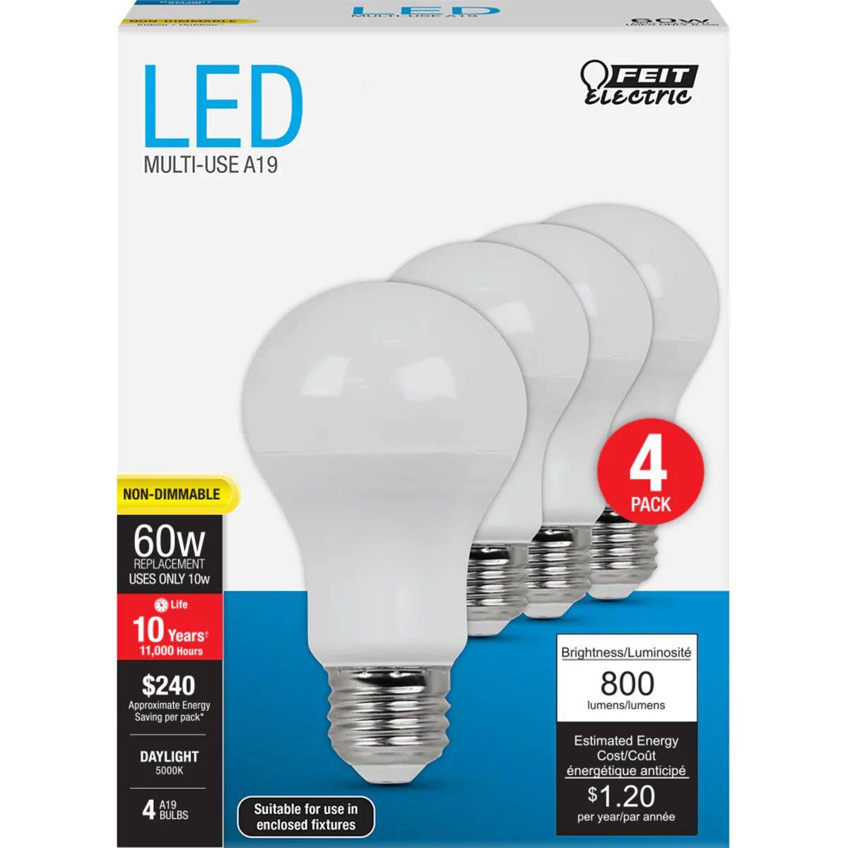 General Purpose 60-Watt Equivalent A19 E26-Medium Daylight Non-Dimmable LED Light Bulb, 4-Pack