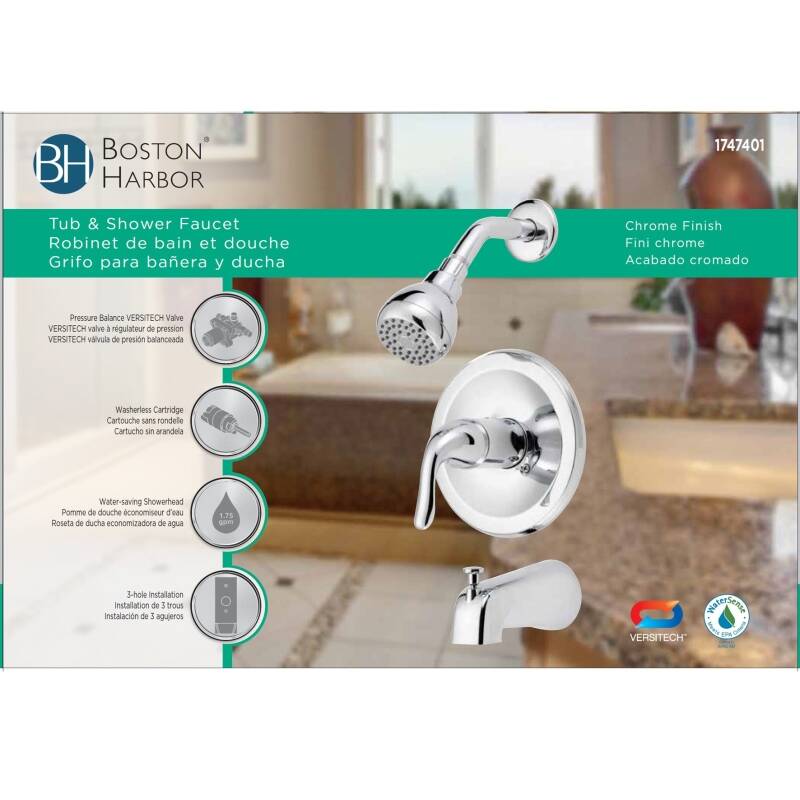 Chrome 1-Handle Tub & Shower Trim Kit - 1-Function Showerhead, 1.75 GPM, Pressure Balance VERSITECH® Valve Included
