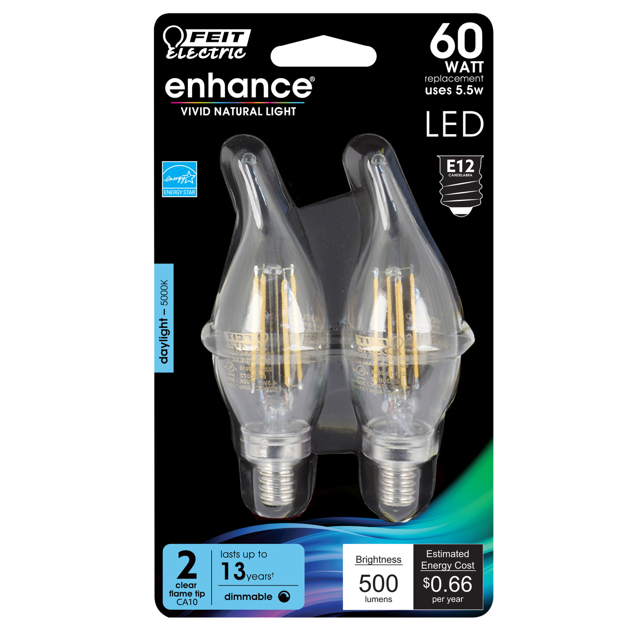 Enhance® Filament 60-Watt Equivalent BA10 E12-Candelabra Daylight Dimmable LED Light Bulb, 2-Pack 1 Enhance® Filament 60-Watt Equivalent BA10 E12-Candelabra Daylight Dimmable LED Light Bulb, 2-Pack
