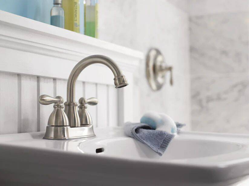 Caldwell\u2122 Spot Resist\u2122 Brushed Nickel 2-Handle Bathroom Sink Faucet With Pop-Up Drain, 4\