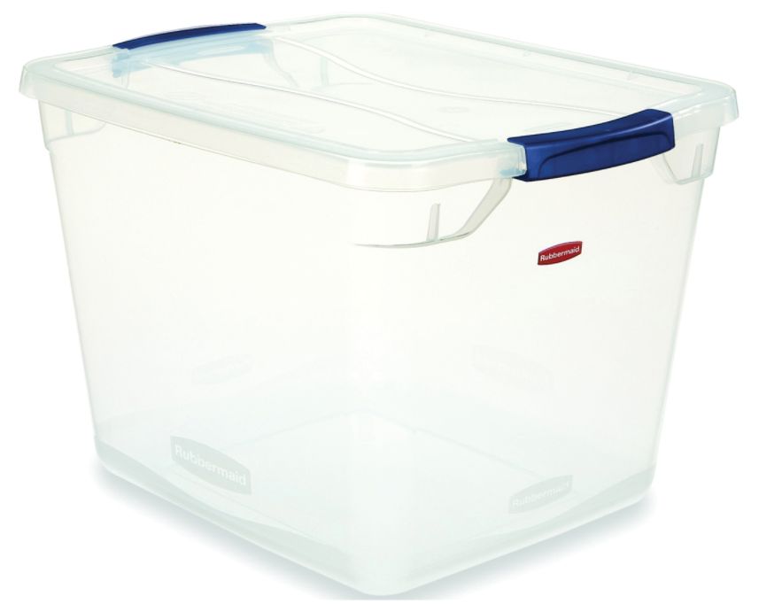 30-Quart Clear Storage Tote With Blue Latching Handles 1 30-Quart Clear Storage Tote With Blue Latching Handles
