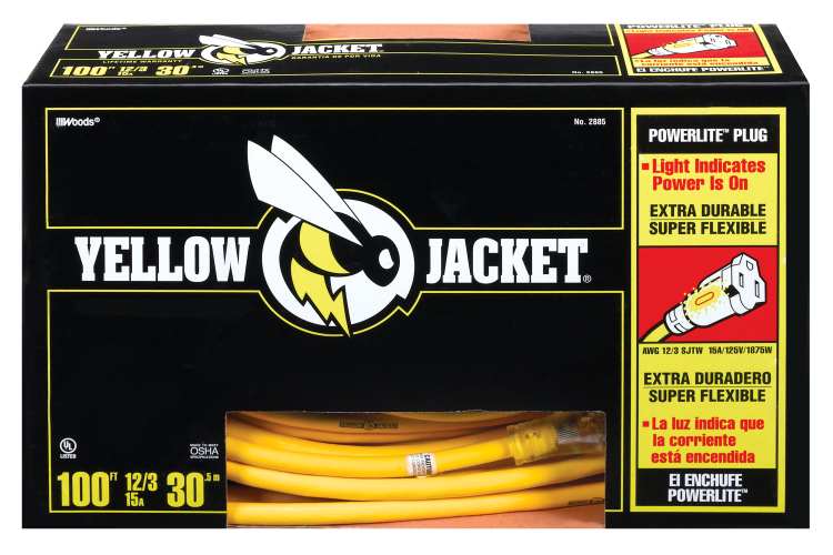 Yellow Jacket® PowerLite Plug™ 100-Foot 12/3 SJTW Outdoor Extension Cord