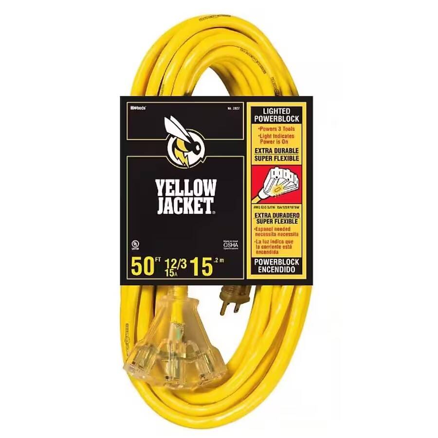 50-Foot Yellow Jacket 12/3 Sjtw Tritap Tray Extension Cord