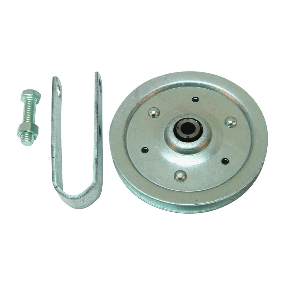 4-Inch Galvanized Steel Pulley With Strap And Axle Bolt 1 4-Inch Galvanized Steel Pulley With Strap And Axle Bolt