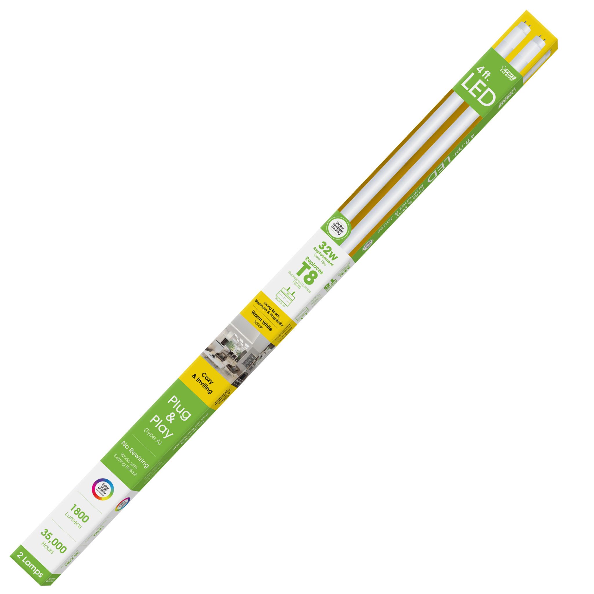 32-Watt Equivalent T8 G13-Bi Pin Bright White Non-Dimmable LED Linear Light Tube, 2-Pack