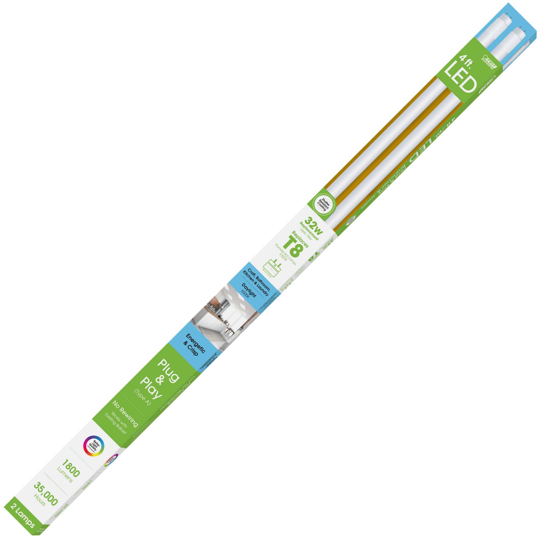 32-Watt Equivalent T8 G13-Bi Pin Daylight Non-Dimmable LED Linear Light Tube, 2-Pack
