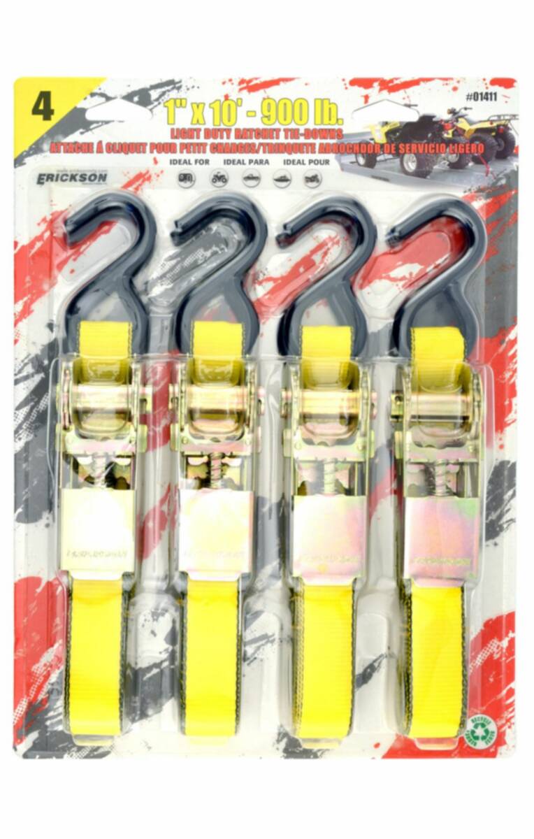 1-Inch X 10-Foot 900-Pound Yellow Ratcheting Tie-Down Straps 4-Pack