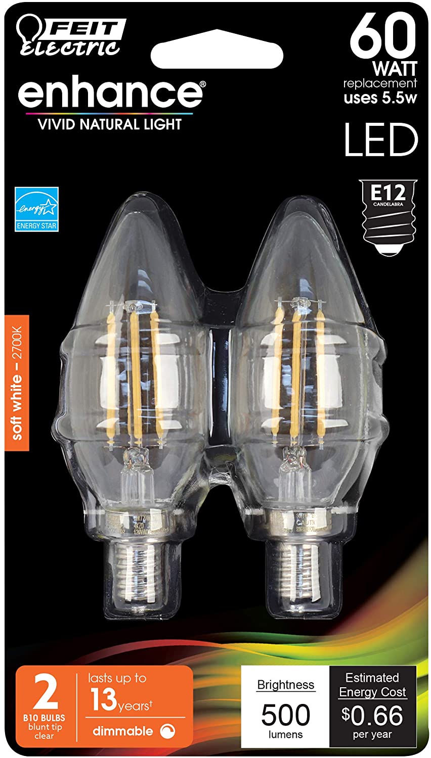 Enhance® Filament 60-Watt Equivalent B10 E12-Candelabra Soft White Dimmable LED Light Bulb, 2-Pack 3 Enhance® Filament 60-Watt Equivalent B10 E12-Candelabra Soft White Dimmable LED Light Bulb, 2-Pack