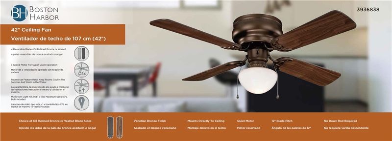 42-Inch Venetian Bronze Indoor LED 4-Blade Ceiling Fan